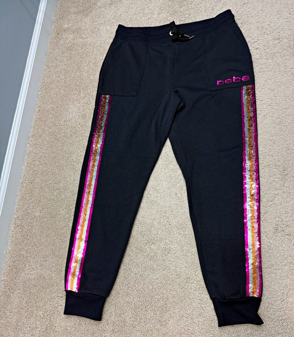 Y2K bebe sport Women's Black Fleece Jogger Sequin Stripe Drawstring size L 244